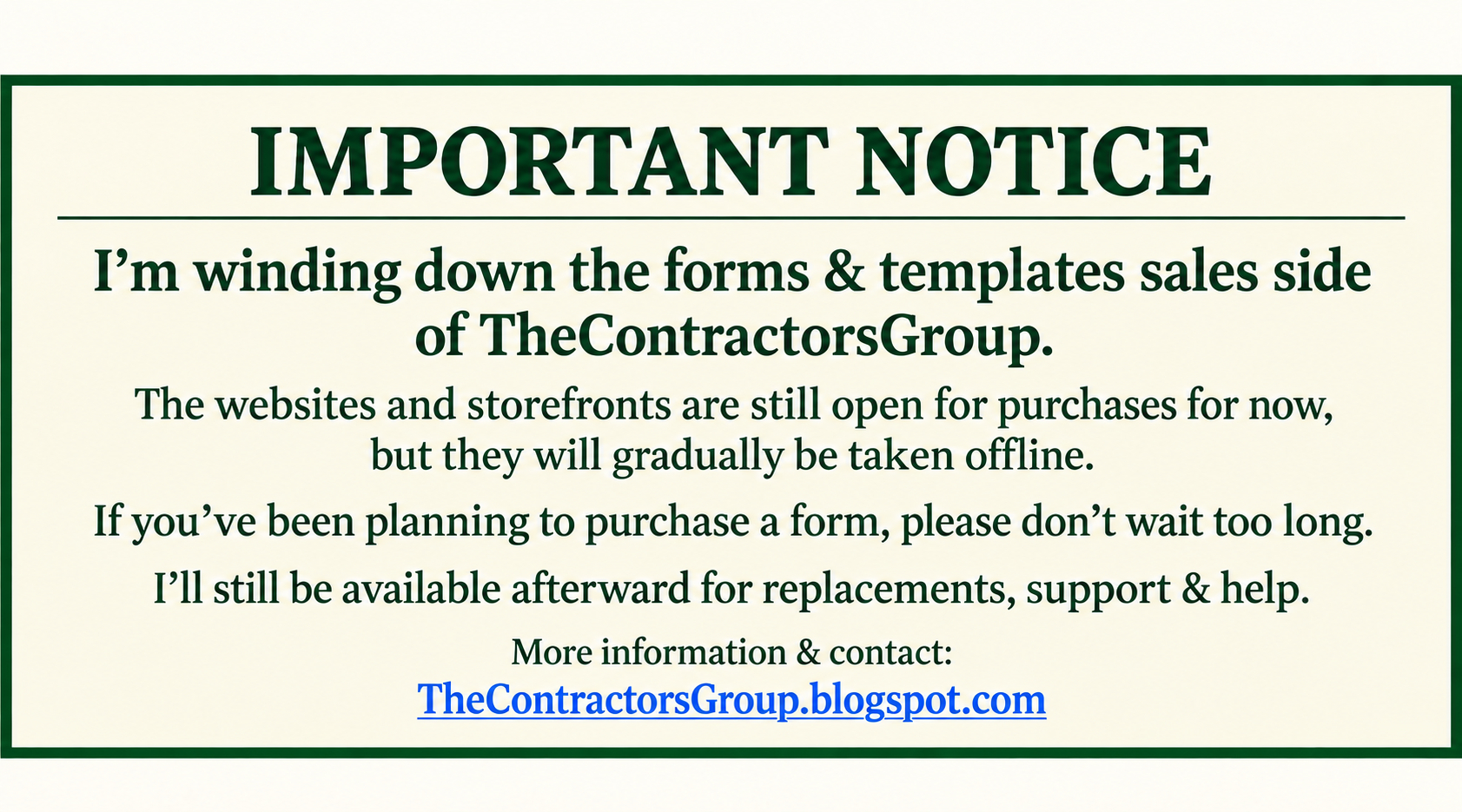 Important notice about The Contractors Group forms and templates sales winding down